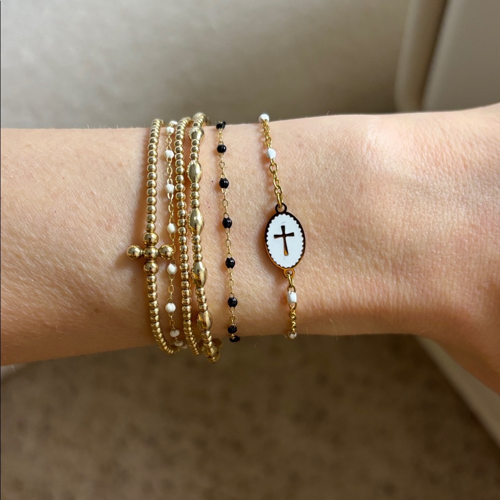Dainty gold white beaded look adjustable bracelet delicate jeweled chain cross